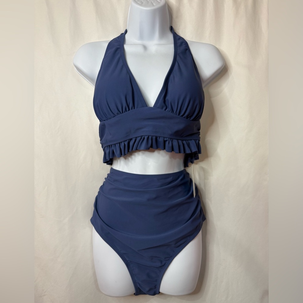 Cupshe Blue Halter Bikini with Ruffle and Ruched Details